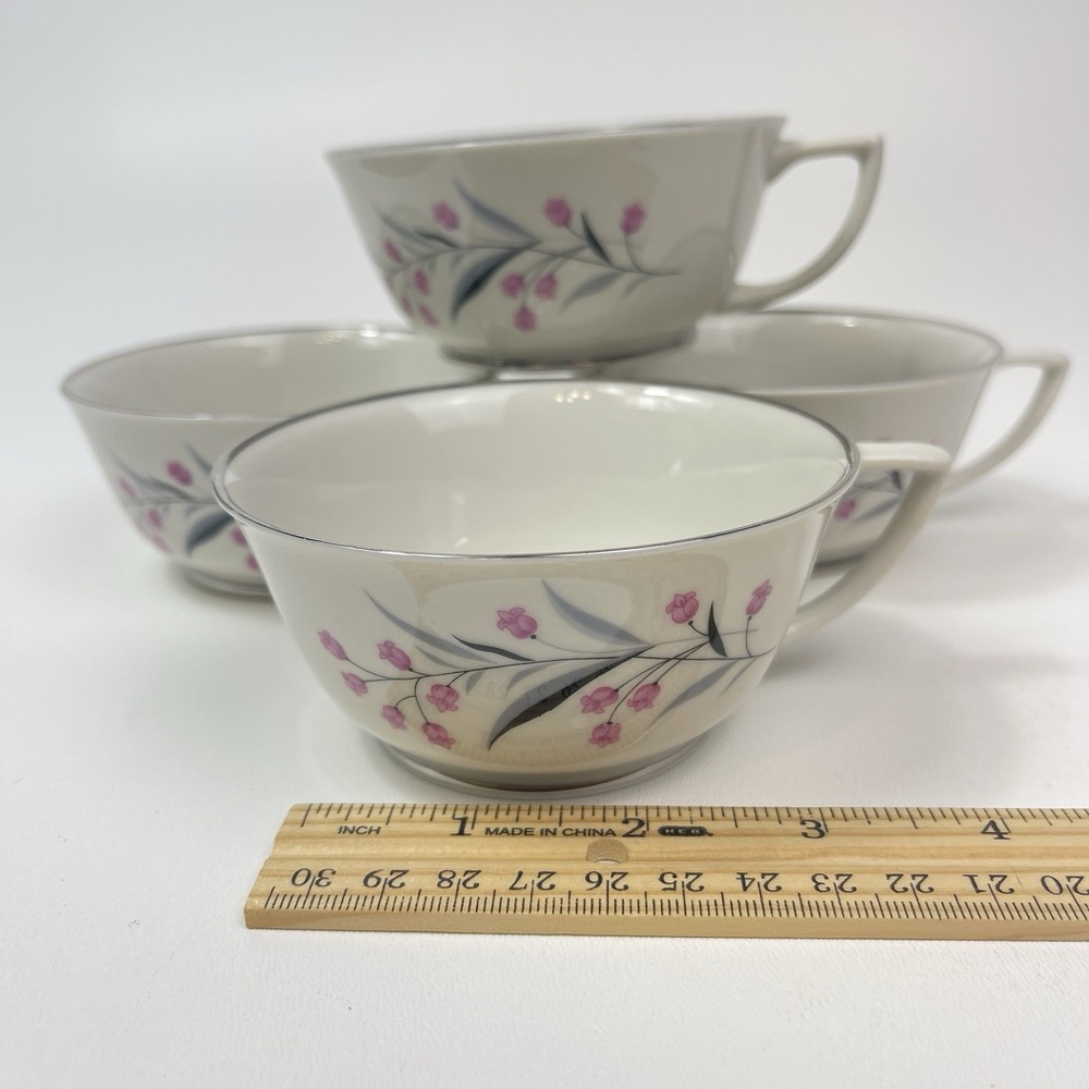 Embassy USA China Tru Tone Footed Tea Cups Pink‎ Flowers Gray Platinum Rim - Picture 8 of 12